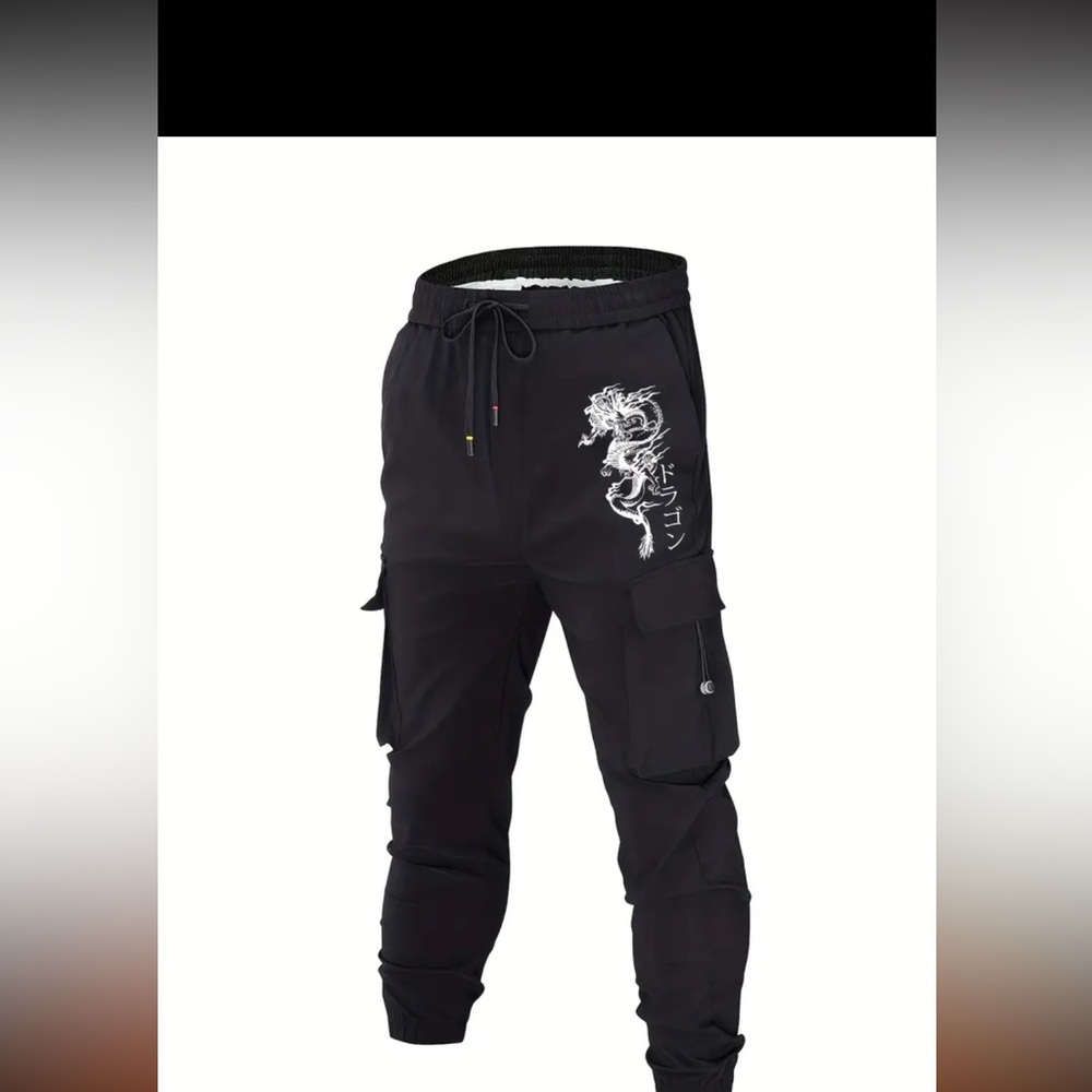 Dragon Japanese Print, Men's Drawstring Cargo, Flap Pockets Jogger Pants